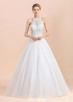 Wunderschönes Neckholder-Hochzeitskleid mit Strasssteinen, A-Linien-Brautkleid aus Tüll mit Spitzenapplikationen