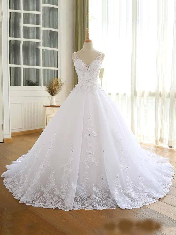 Precioso vestido de novia de encaje con cuentas, recién llegado, con escote en V, tirantes, largo, estilo princesa, para fiesta de boda.