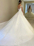 Hermosos vestidos de novia largos de corte A con hombros descubiertos, encaje, espalda abierta y mangas cortas