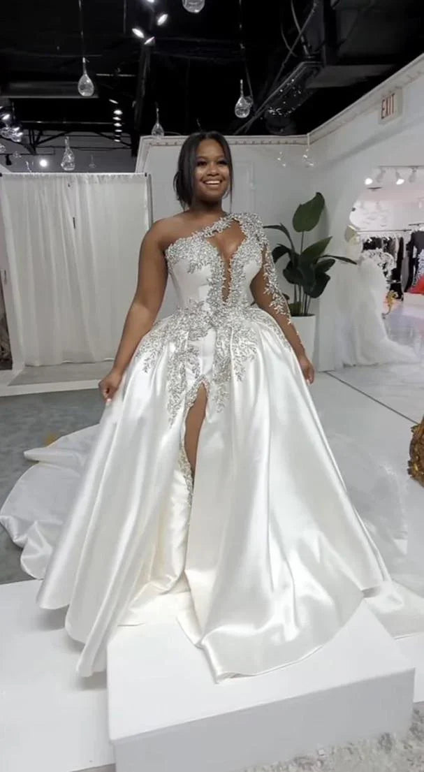 Gorgeous Long A-line One Shoulder Beading Wedding Dress With Slit