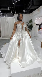 Gorgeous Long A-line One Shoulder Beading Wedding Dress With Slit