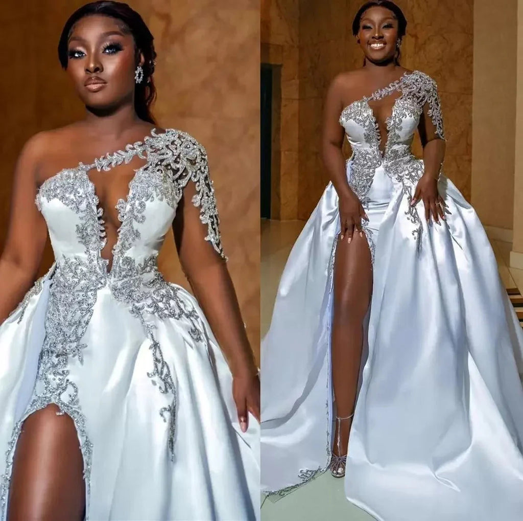 Gorgeous Long A-line One Shoulder Beading Wedding Dress With Slit