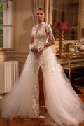 Wunderschönes, langärmeliges, A-Linien-Brautkleid aus juwelenbesetztem Tüll mit offenem Rücken und Schlitz