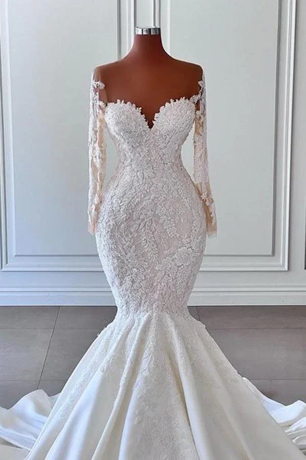 Wunderschönes Meerjungfrauen-Brautkleid mit langen Ärmeln, Sweetheart-Ausschnitt, Gartenhochzeitskleider