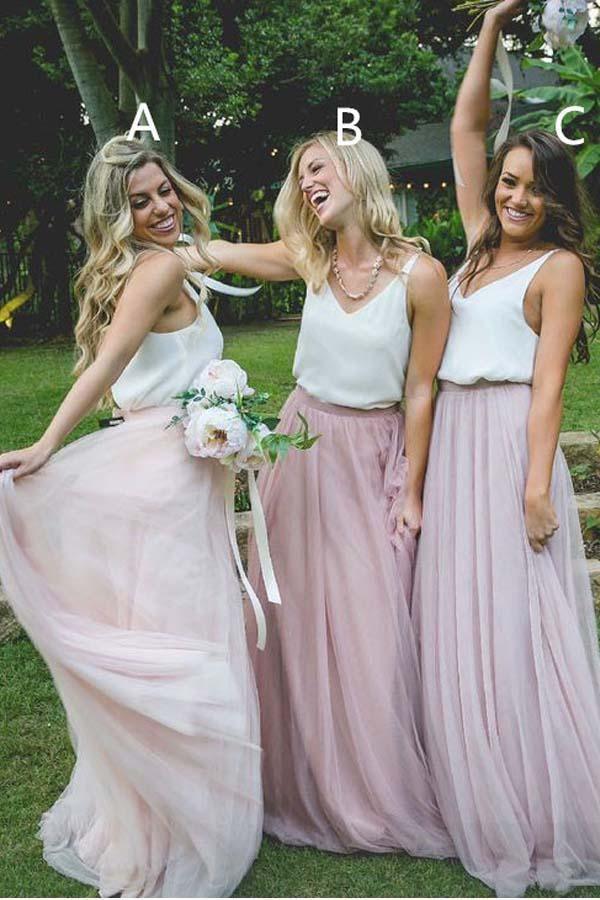 Hermoso vestido largo de dama de honor de dos piezas de tul rosa con top blanco