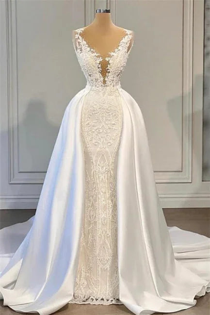 Wunderschönes, ärmelloses A-Linien-Brautkleid mit V-Ausschnitt und abnehmbarer Schleppe