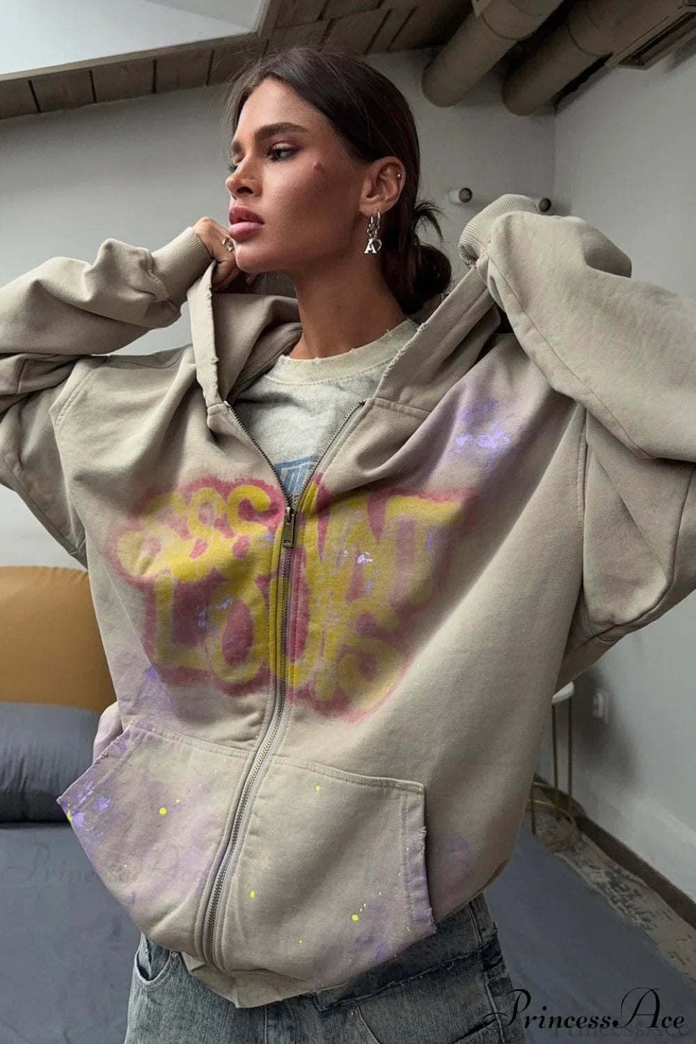 Graffiti Vintage Loose Zip Hoodie