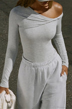 Gray Twist Asymmetric Neck Ruched Fitted Long Sleeve Tee