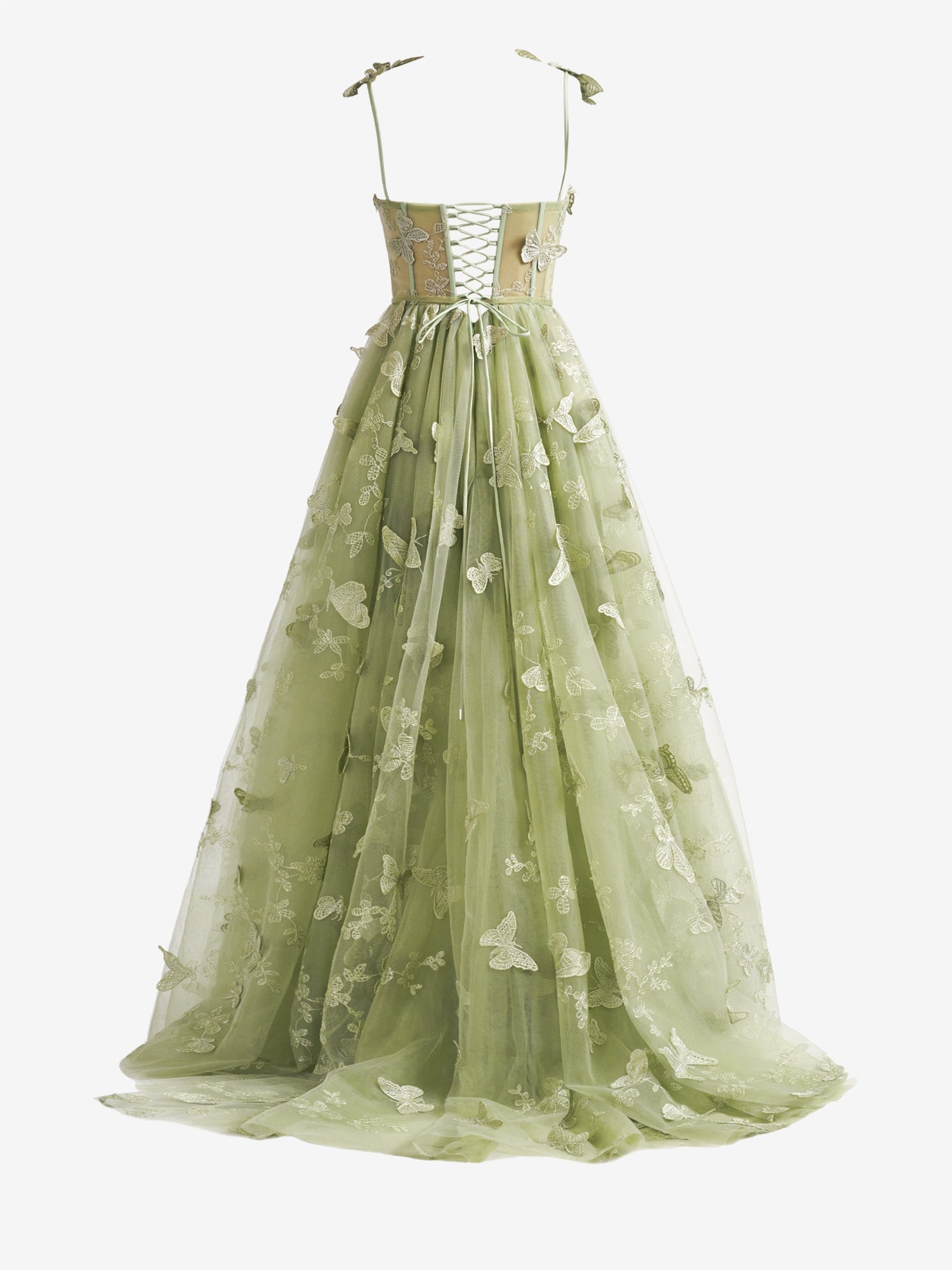 Vestido de fiesta con corsé lila de encaje de mariposa en forma de A y abertura