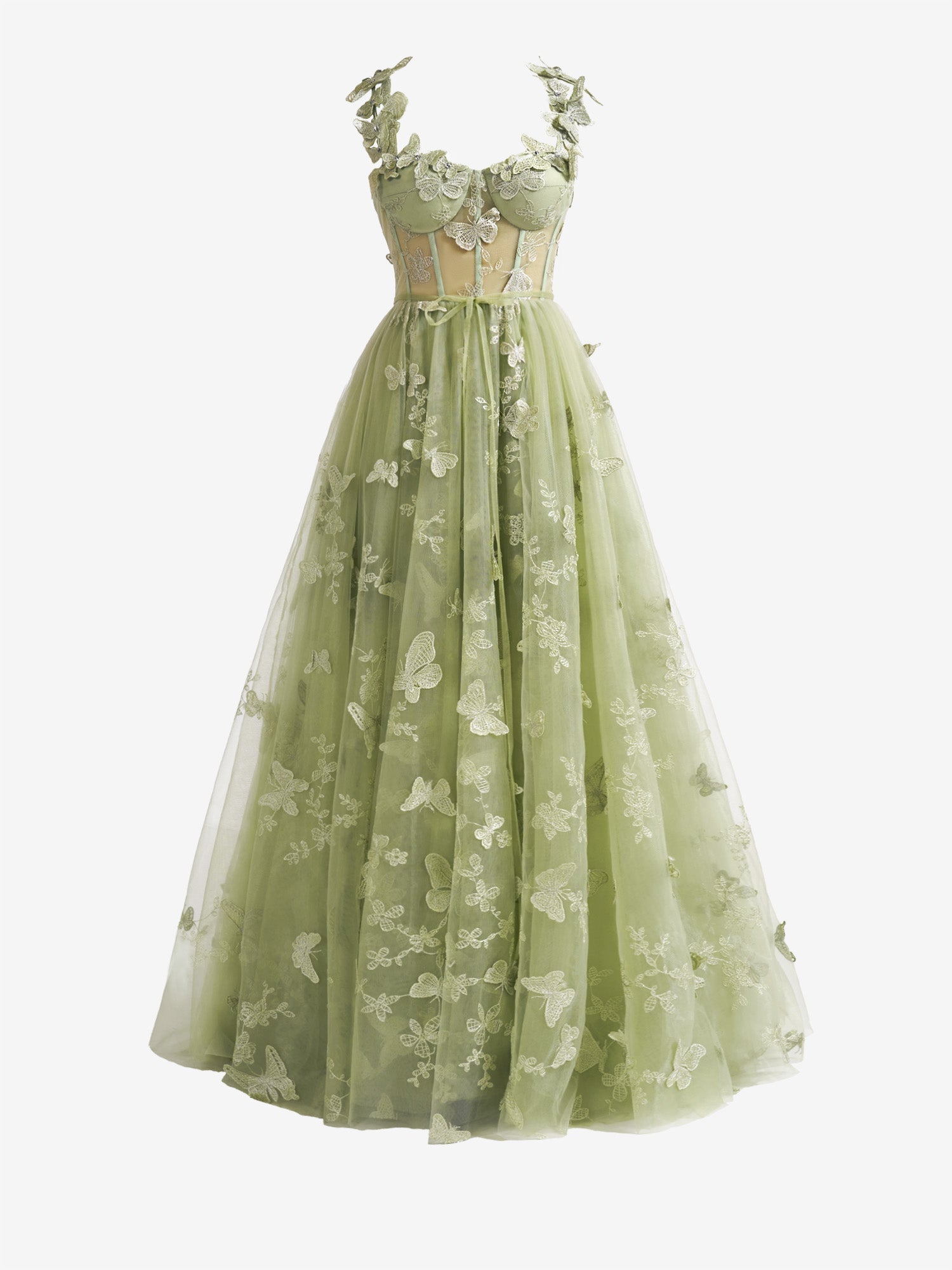 Vestido de fiesta con corsé lila de encaje de mariposa en forma de A y abertura