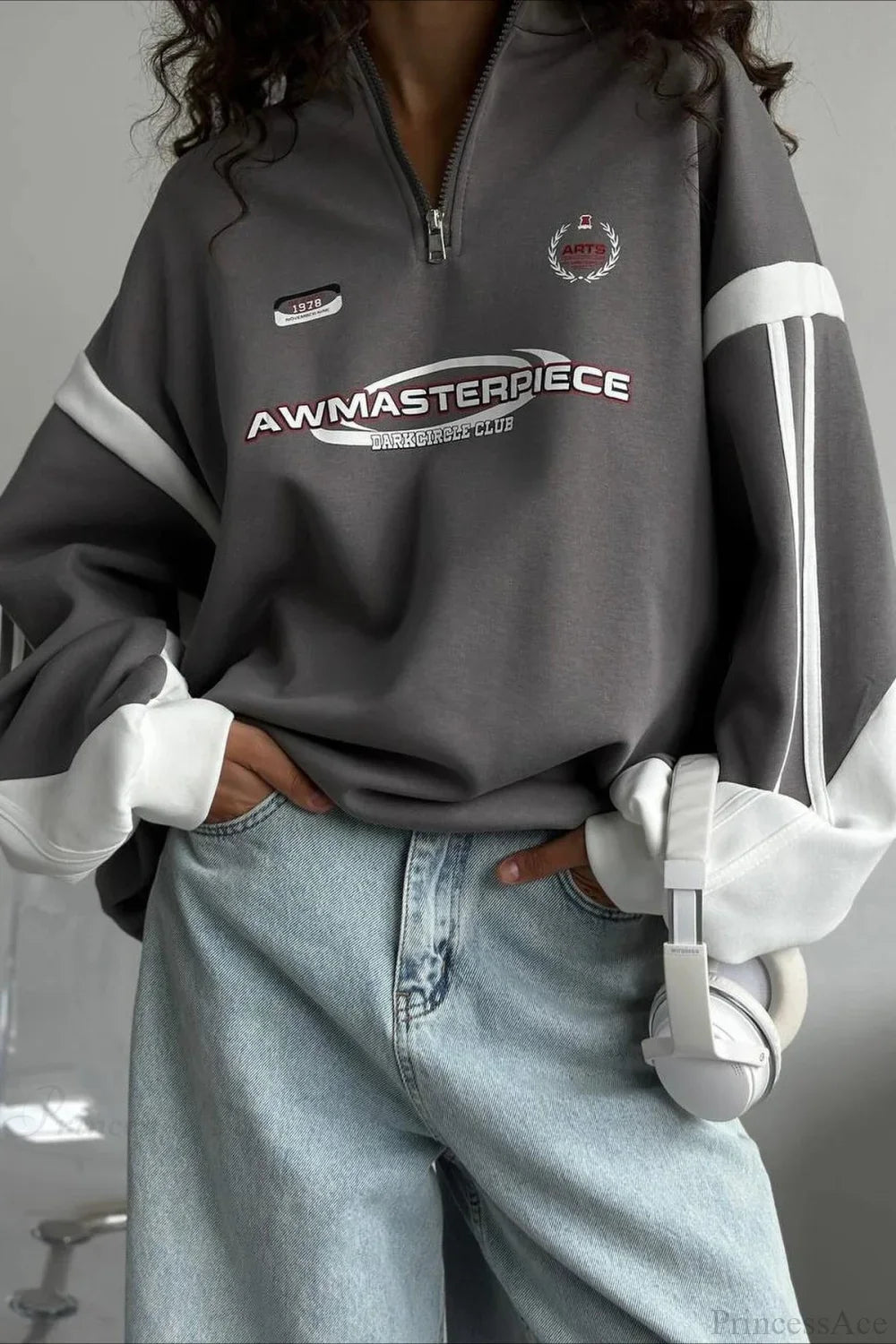 Half-Zip Stand Collar Letter Print Hoodie
