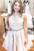 Halter Appliqued Homecoming Dress Short Prom Dress with Beading Belt