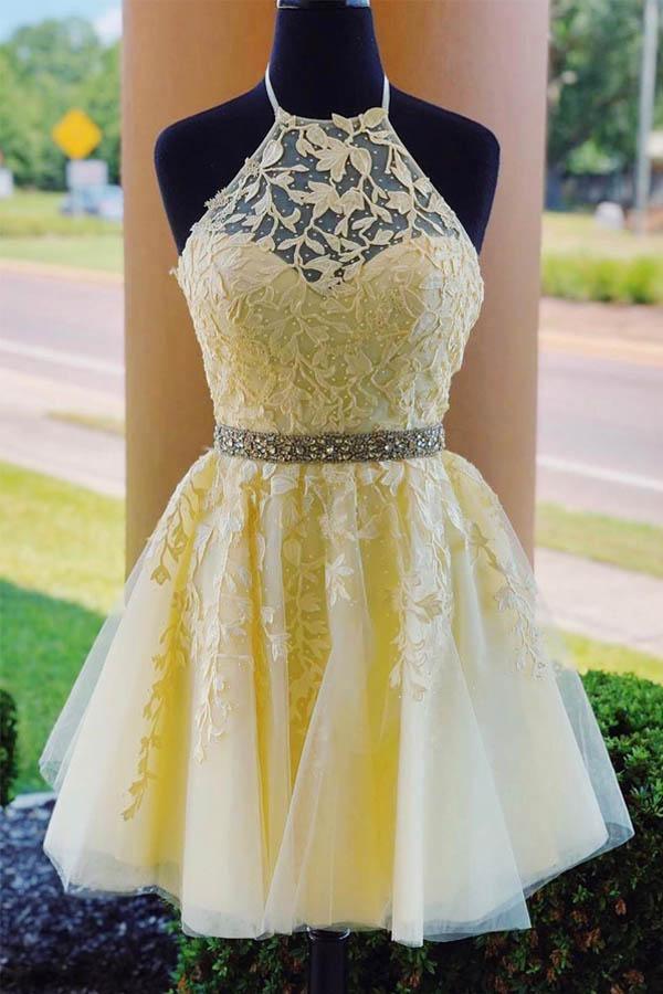 Halter Appliqued Homecoming Dress Short Prom Dress with Beading Belt