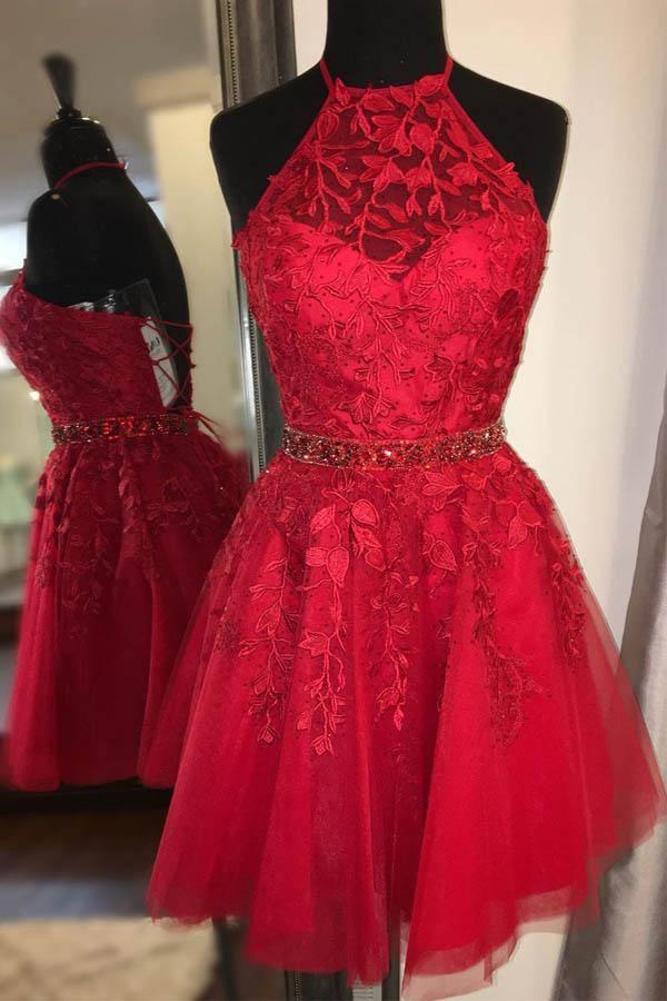 Halter Appliqued Homecoming Dress Short Prom Dress with Beading Belt