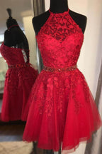 Halter Appliqued Homecoming Dress Short Prom Dress with Beading Belt