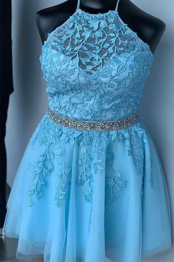 Halter Appliqued Homecoming Dress Short Prom Dress with Beading Belt