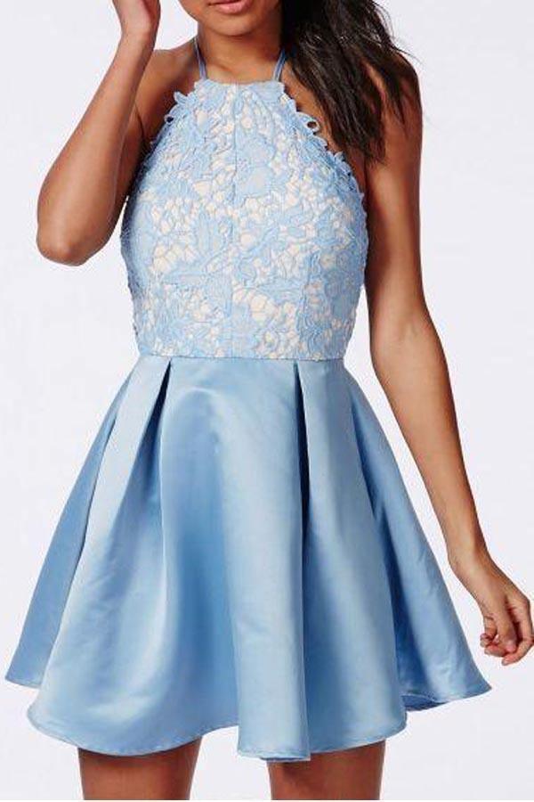 Vestidos de regreso a casa de satén de encaje sin espalda halter Vestido de fiesta corto