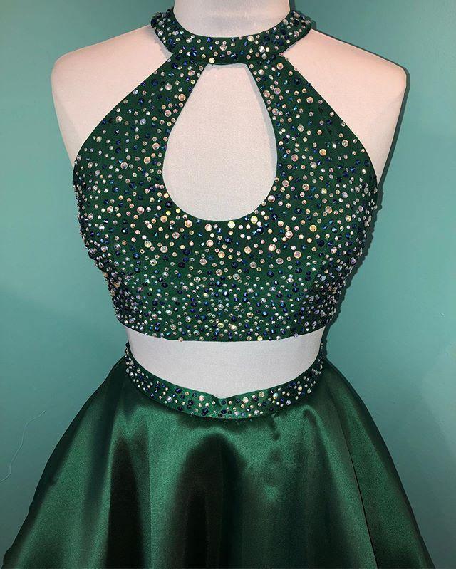Halter Beaded Satin Two Piece Homecoming Dress Short Prom Dress
