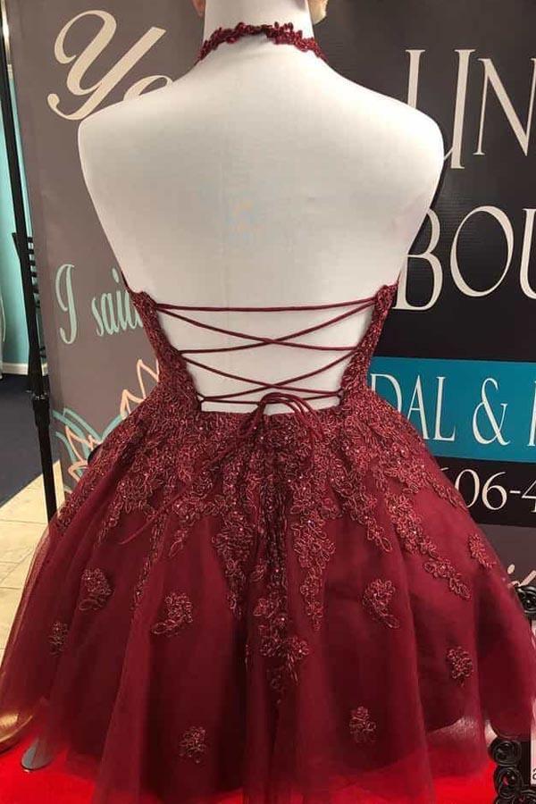 Halter Lace A-Line Cute Backless Homecoming Dress