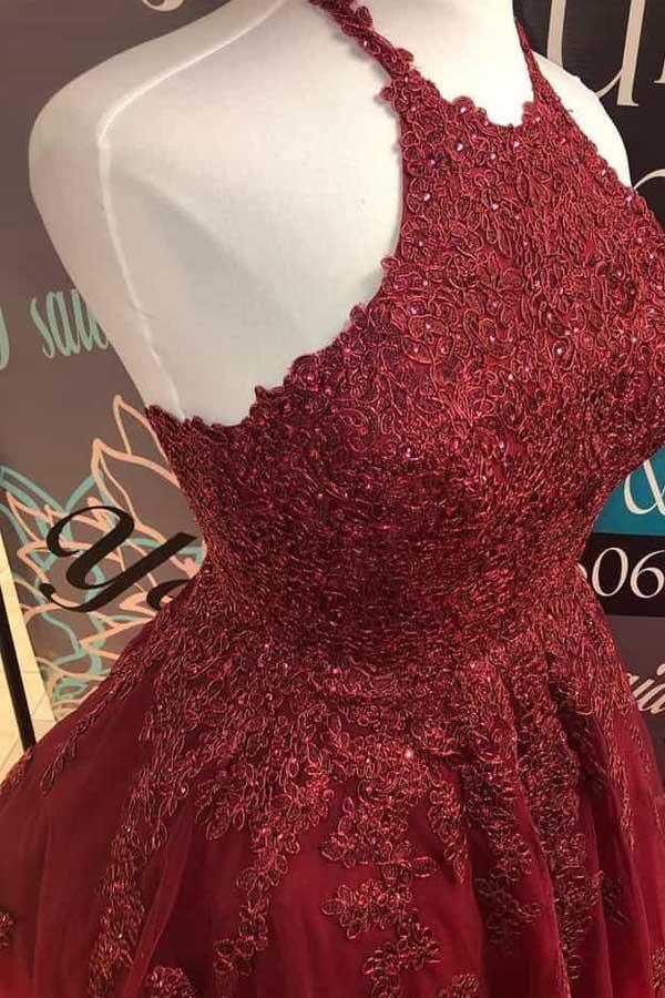 Halter Lace A-Line Cute Backless Homecoming Dress