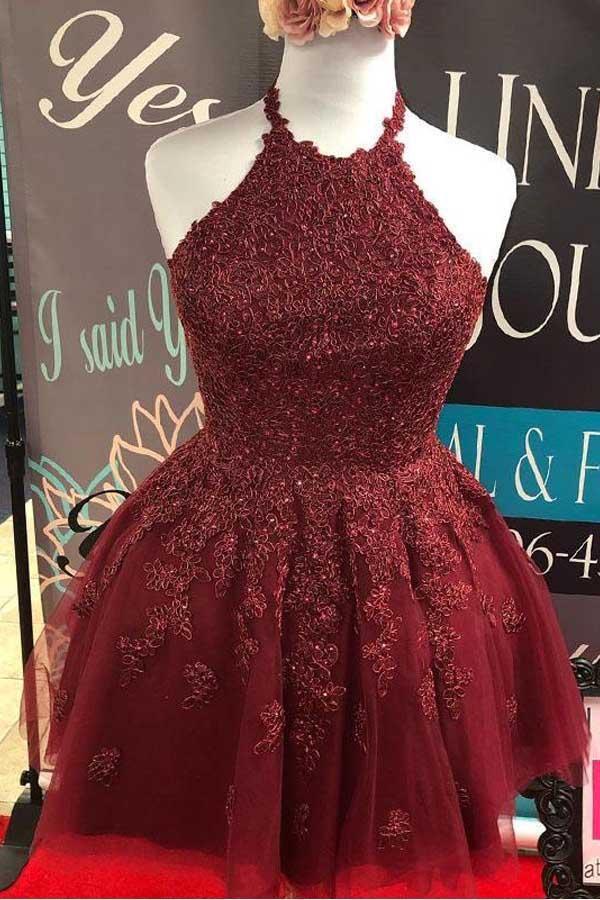 Halter Lace A-Line Cute Backless Homecoming Dress