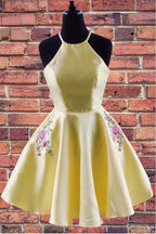 Halter Embroidered Satin Homecoming Dress with Pockets