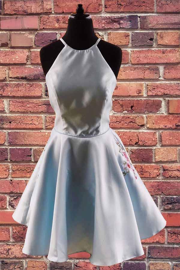 Halter Embroidered Satin Homecoming Dress with Pockets