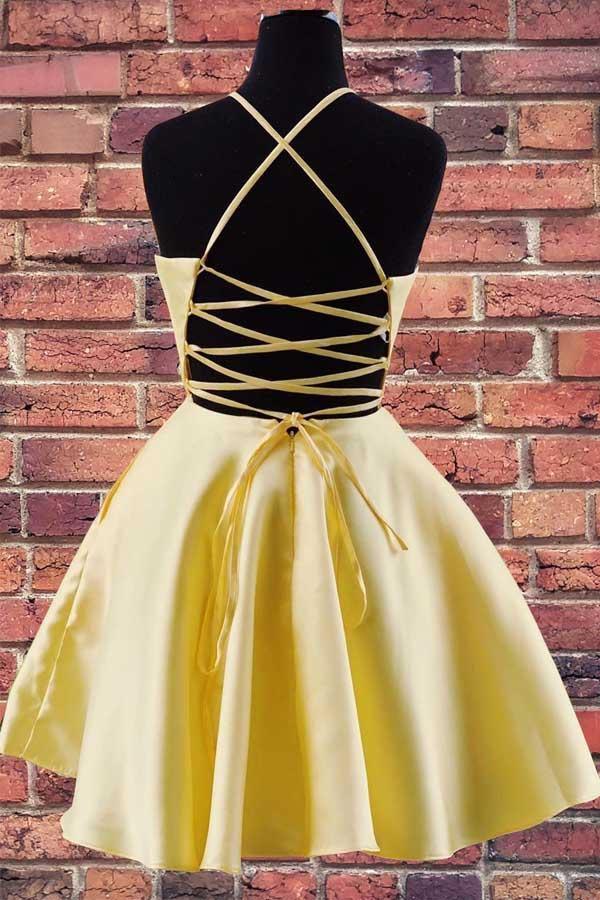 Halter Embroidered Satin Homecoming Dress with Pockets