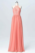 Halter Lace Long Chiffon Peach Bridesmaid Dresses