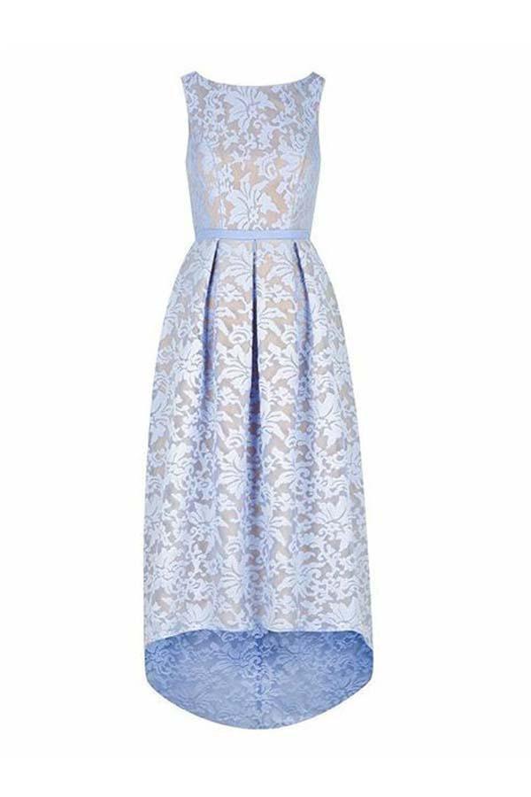Vestido de dama de honor de encaje azul cielo claro sin mangas con escote barco alto bajo 