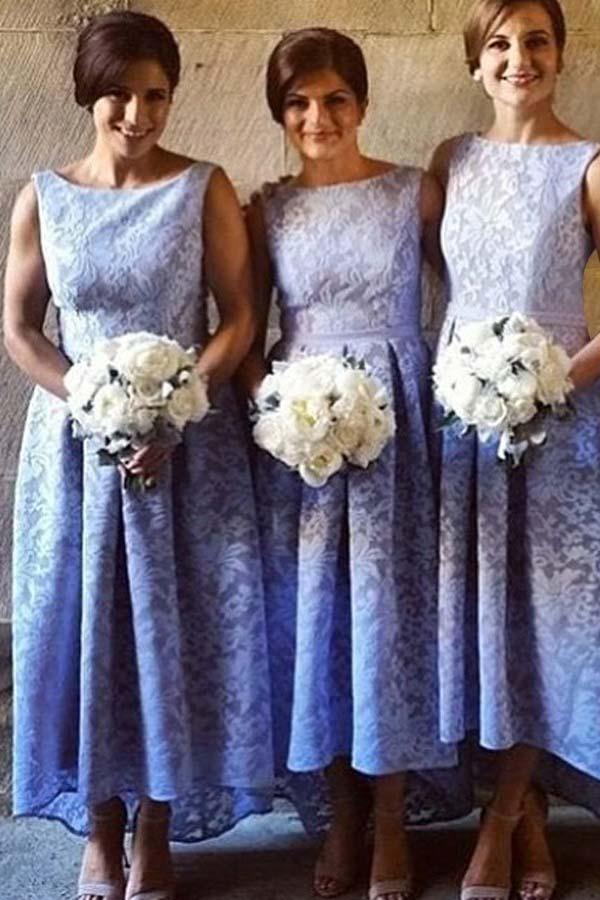 Vestido de dama de honor de encaje azul cielo claro sin mangas con escote barco alto bajo 