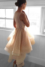 High Low Peach Lace Short Homecoming Dress Party Dresses
