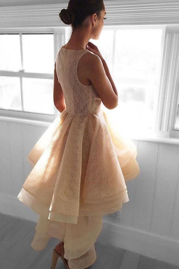 High Low Peach Lace Short Homecoming Dress Party Dresses