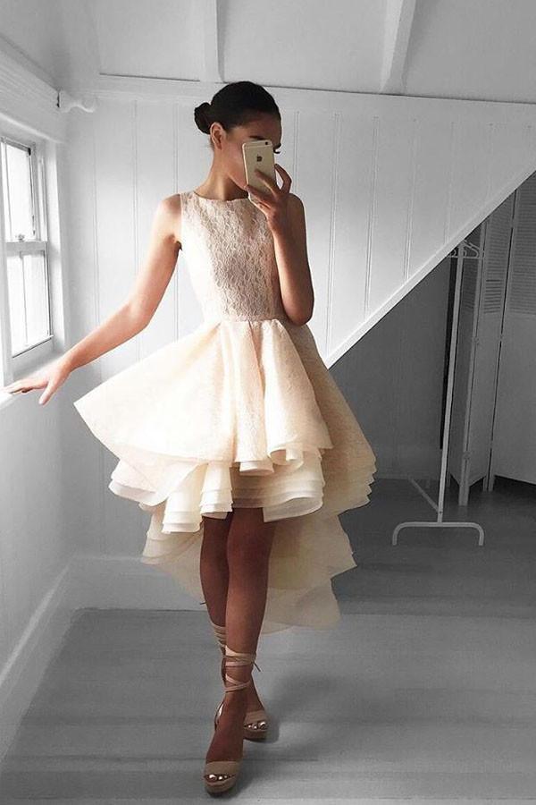 High Low Peach Lace Short Homecoming Dress Party Dresses