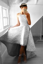 High-Low Trägerloses Satin-Ballkleid Abendkleid mit Spitze