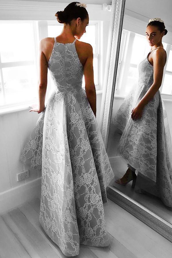 High-Low Trägerloses Satin-Ballkleid Abendkleid mit Spitze
