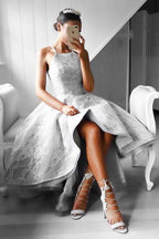 High-Low Trägerloses Satin-Ballkleid Abendkleid mit Spitze