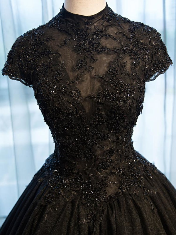 High Neck Beading Lace Black Wedding Dresses
