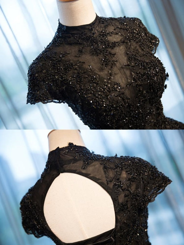 High Neck Beading Lace Black Wedding Dresses