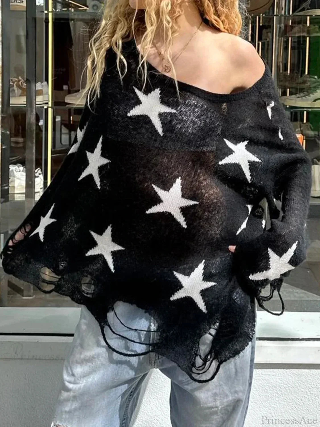 Hollow Out Knitted Gothic Crew Neck Long Sleeve Pullover Sweater