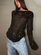 Hollow Out Loose O-Neck Long Sleeve Knitted Pullover Sweater