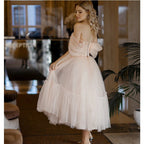 A-Linien-Abendkleid aus rosa Tüll in Teelänge 