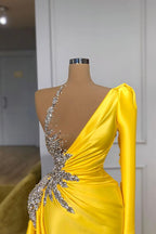 Illusion neck Bright Yellow Bubble Sleeves Prom Dress One shoulder