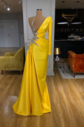 Illusion neck Bright Yellow Bubble Sleeves Prom Dress One shoulder