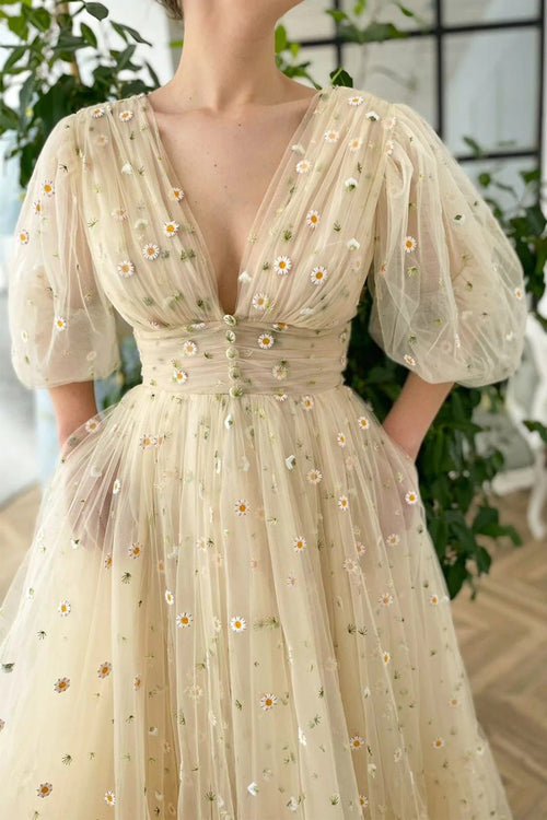 A-line V Neck Sea of Daisies Dress Engagement Ankle Length Half Sleeve High Neck Tulle with Buttons Pleats