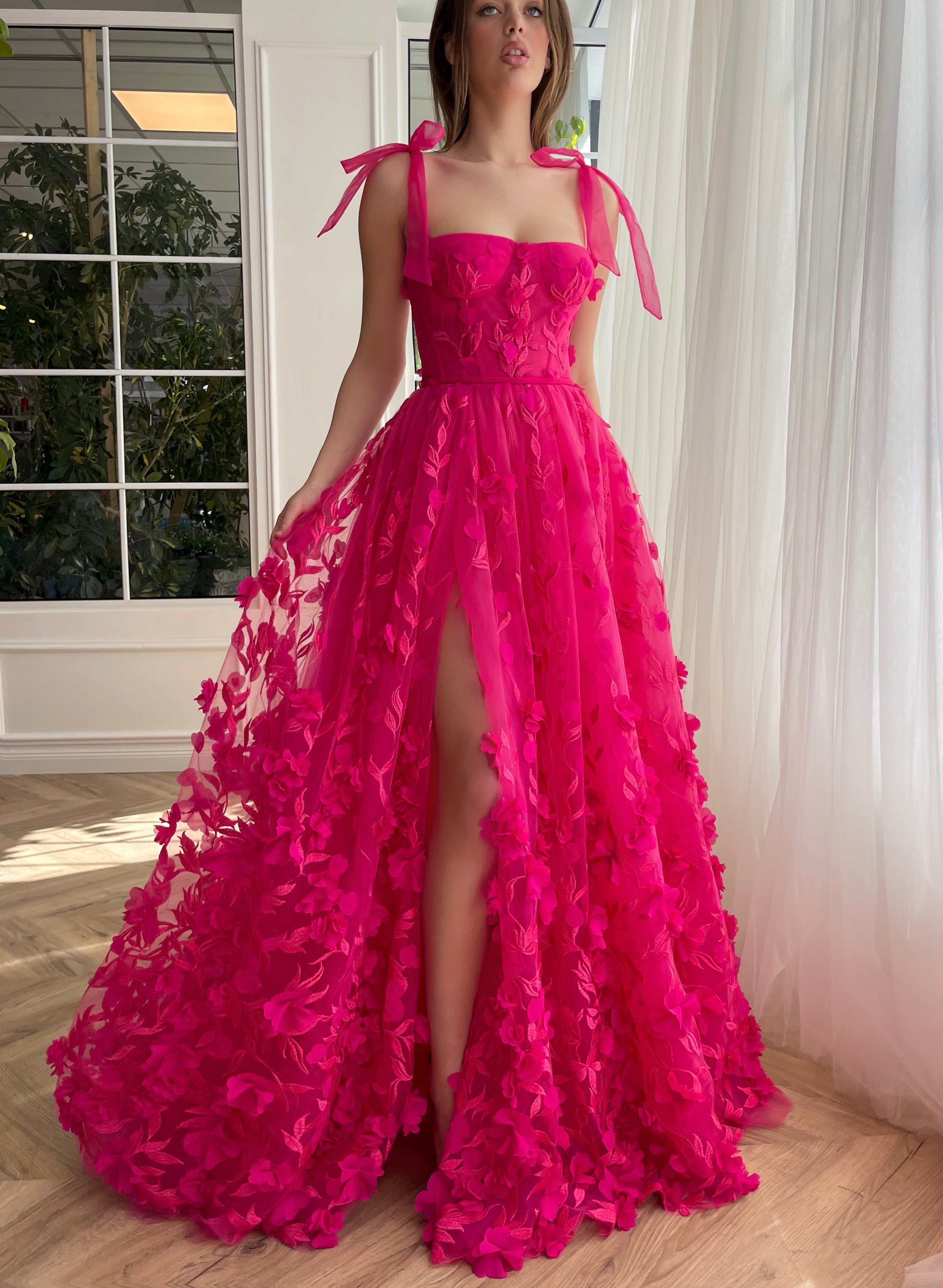 Fuchsia Elegant A-line 3D Flower Lace Prom Dress With Slit