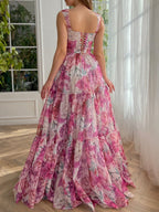 Vestido de fiesta largo rosa con estampado floral de corte A 