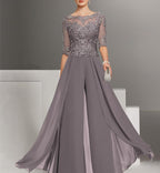Chiffon-Hosenanzüge mit halben Ärmeln und Spitze für die Mutter der Braut 