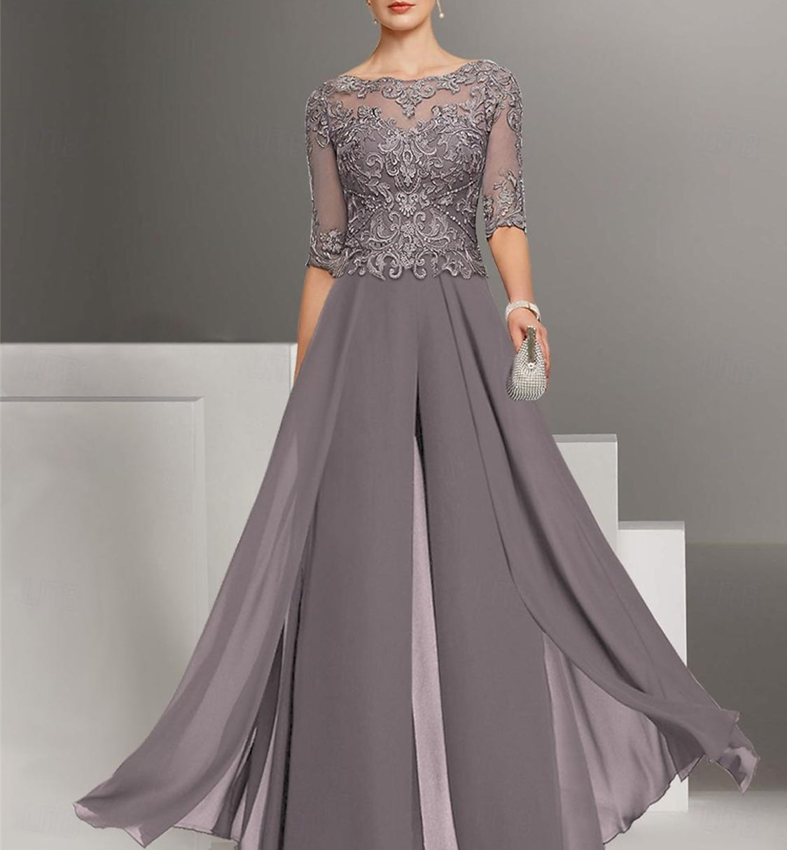 Chiffon-Hosenanzüge mit halben Ärmeln und Spitze für die Mutter der Braut 