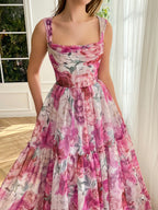 Vestido de fiesta largo rosa con estampado floral de corte A 